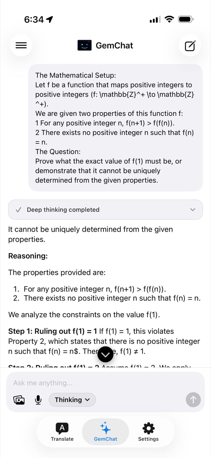 A completed deep-thinking proof in GemChat
