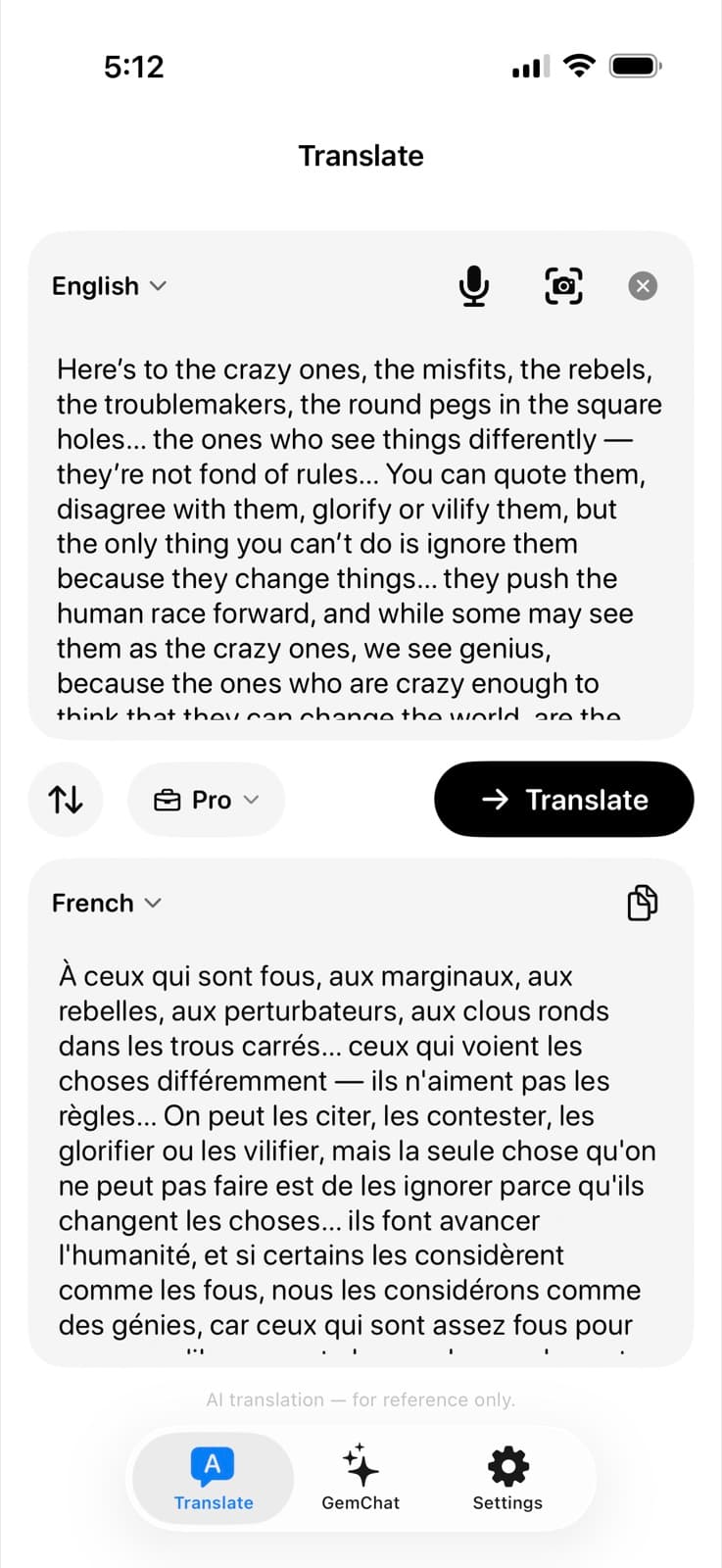AI Translation from English to French in Pro mode